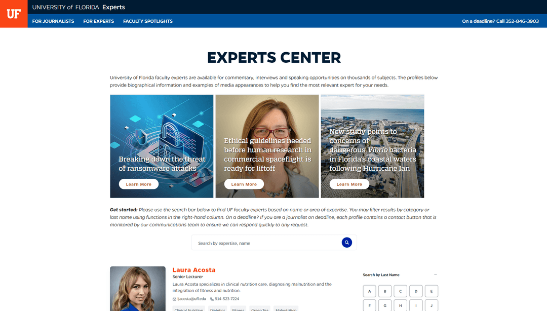 A screencapture of the header from the University of Florida's Experts website.