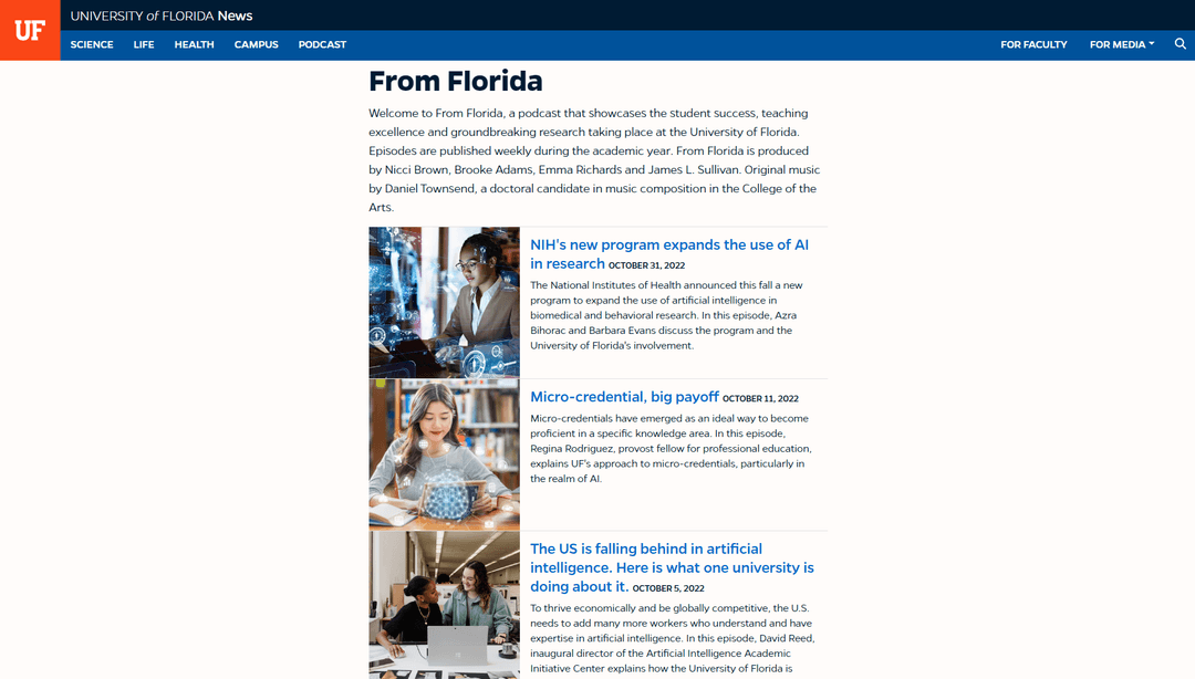 A screencapture of UF's News' podcast webpage.